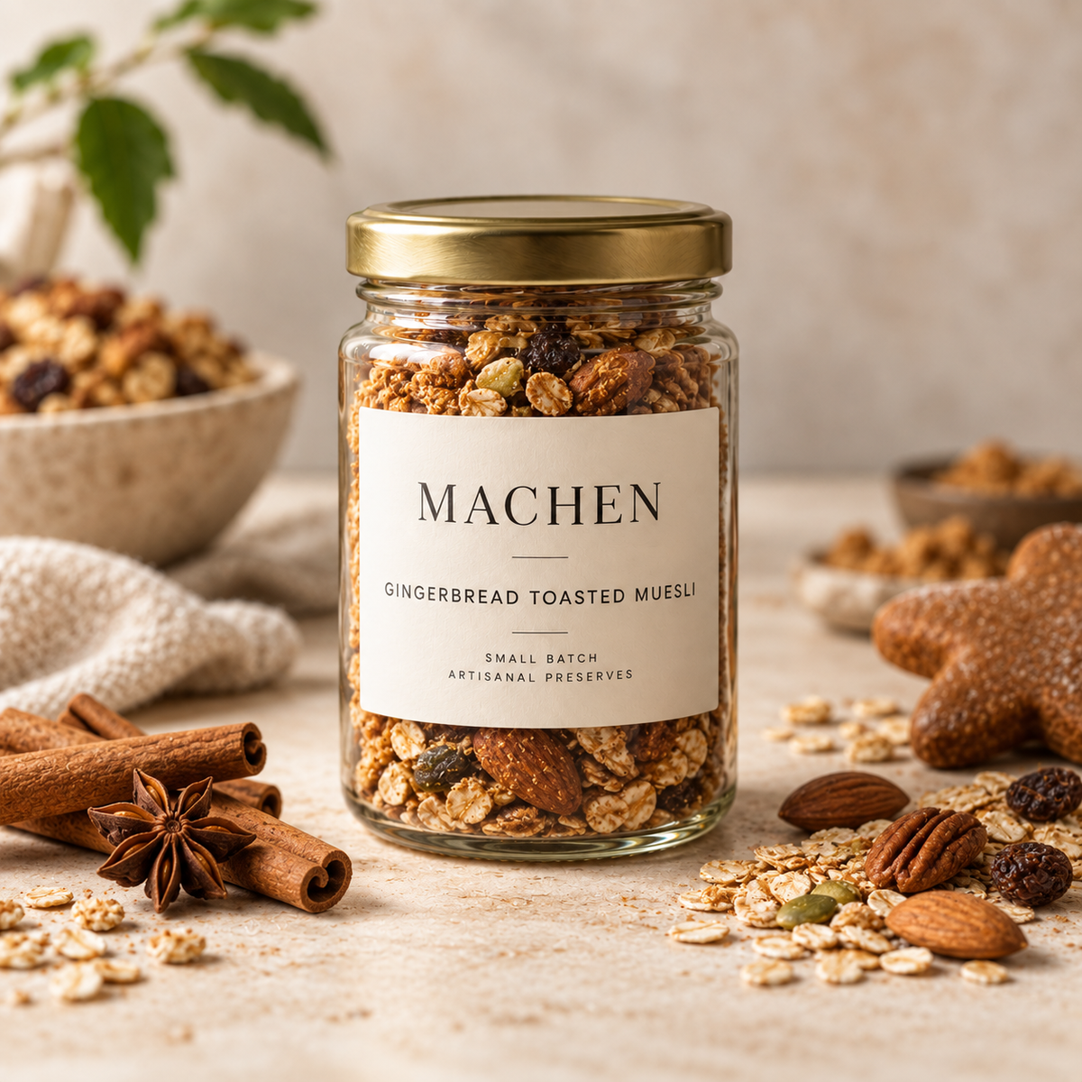 MACHEN Gingerbread Toasted Muesli jar with cinnamon, star anise and nuts