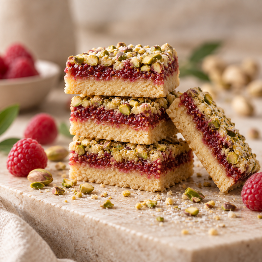 MACHEN Raspberry & Pistachio Slice stacked on stone surface with fresh raspberries