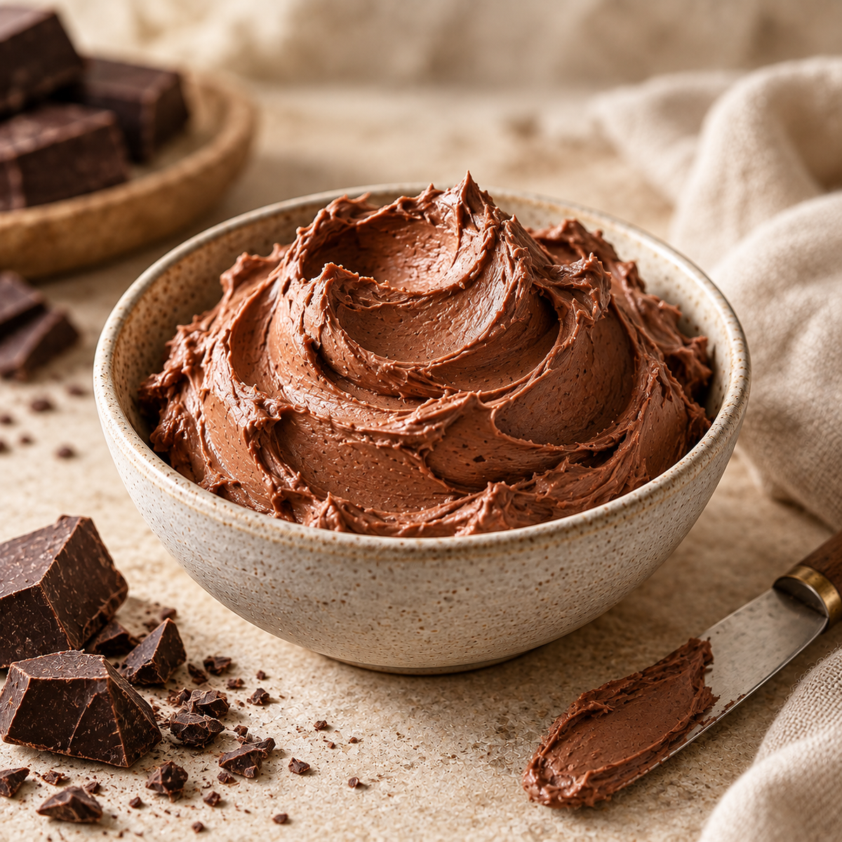 MACHEN Dark Chocolate Whipped Butter in ceramic bowl with dark chocolate pieces